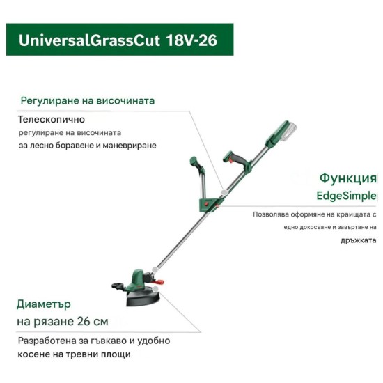 Акумулаторен Тример за Трева Bosch UniversalGrassCut 18V-26 - 26см, Зелен