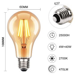 Комплект Винтидж LED Крушки E27 HUSTUNG A60 / ED28 – 6бр, 4W, 2700K