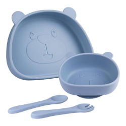 Силиконов Комплект за Хранене на Бебета и Малки Деца  Qshare Bear Blue – 4 части