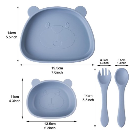 Силиконов Комплект за Хранене на Бебета и Малки Деца  Qshare Bear Blue – 4 части