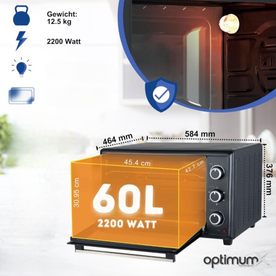 Мини Фурна с Грил и 5 Функции за Готвене OptimumX, 2200W, 60L