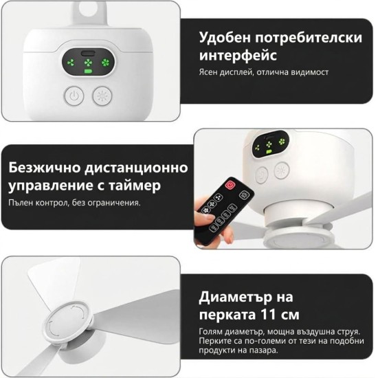 Преносим Таванен Вентилатор с LED Лампа TUIBEIDAMAI 1 US - 40W, Бял
