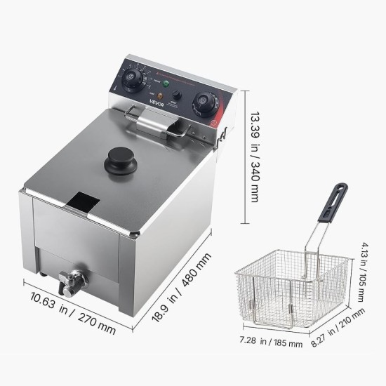 Професионален Електрически Фритюрник VEVOR SEF-101V - 2500W, 6.8л, Инокс